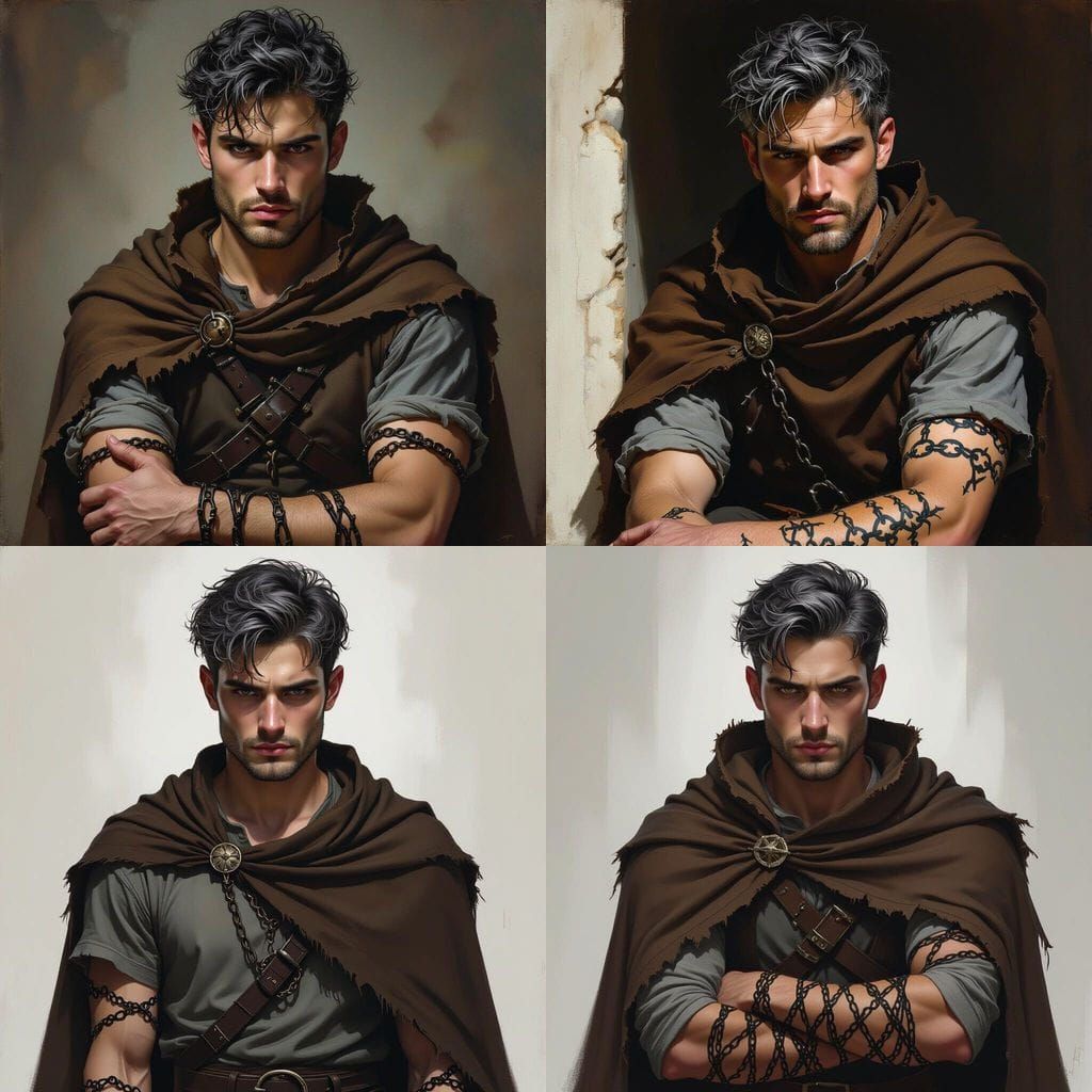 Dark Fantasy Man in Tattered Cloak with Runic Tattoos