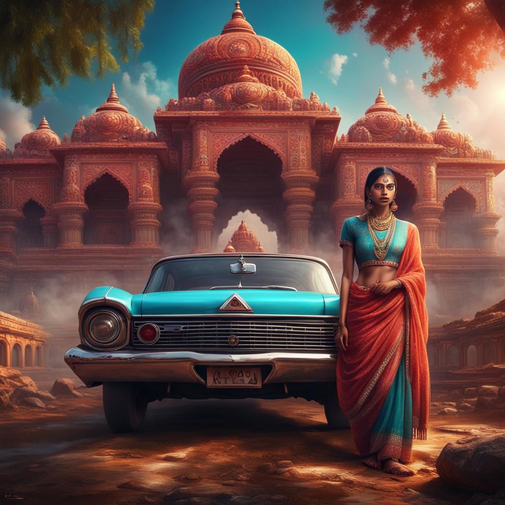 Colorful Indian Girl and Car at Temple: Detailed Matte Paint...