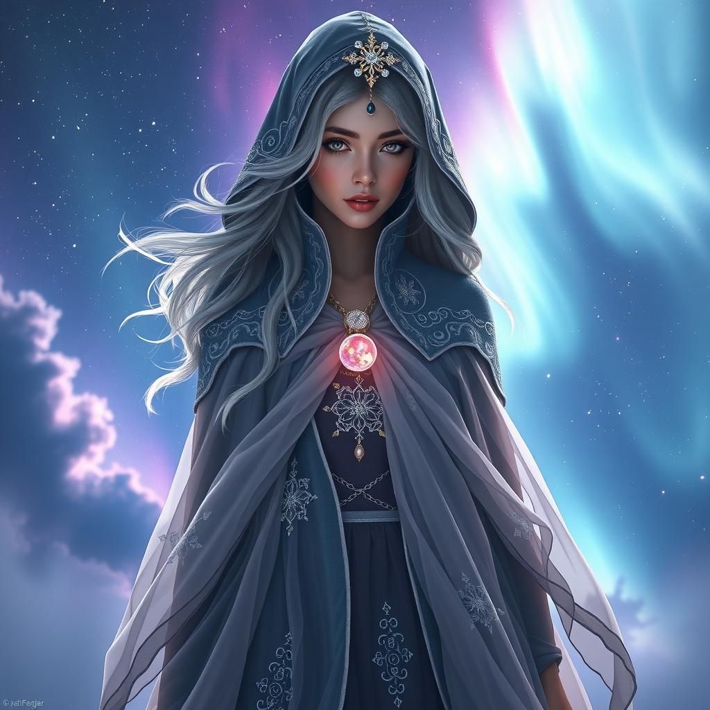 Mystical Woman Emerges from Aurora in Sci-Fi Style