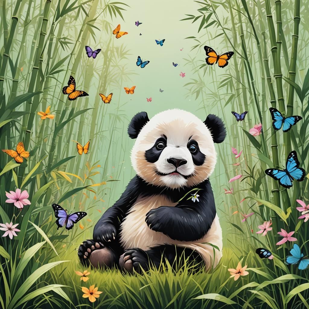 Sweet Panda Cub in Grassy Field, Pop Art