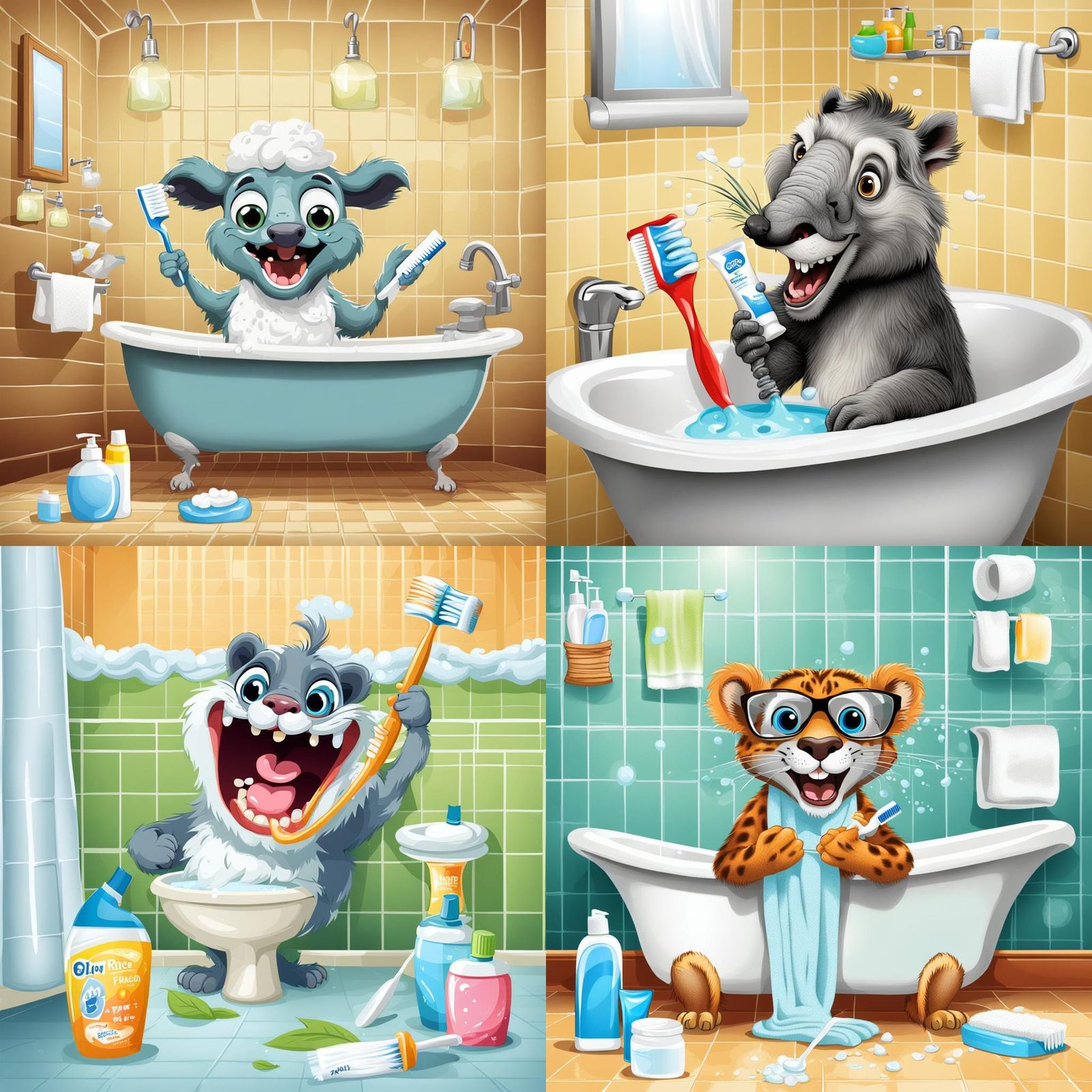 Humorous Animal Brushing Teeth in Bathroom