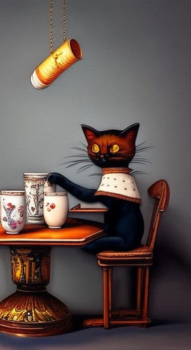 Naughty cat pushing a cup of milk to spill off the table. Dramatically moody atmosphere, fantastical photorealistic hdr,...