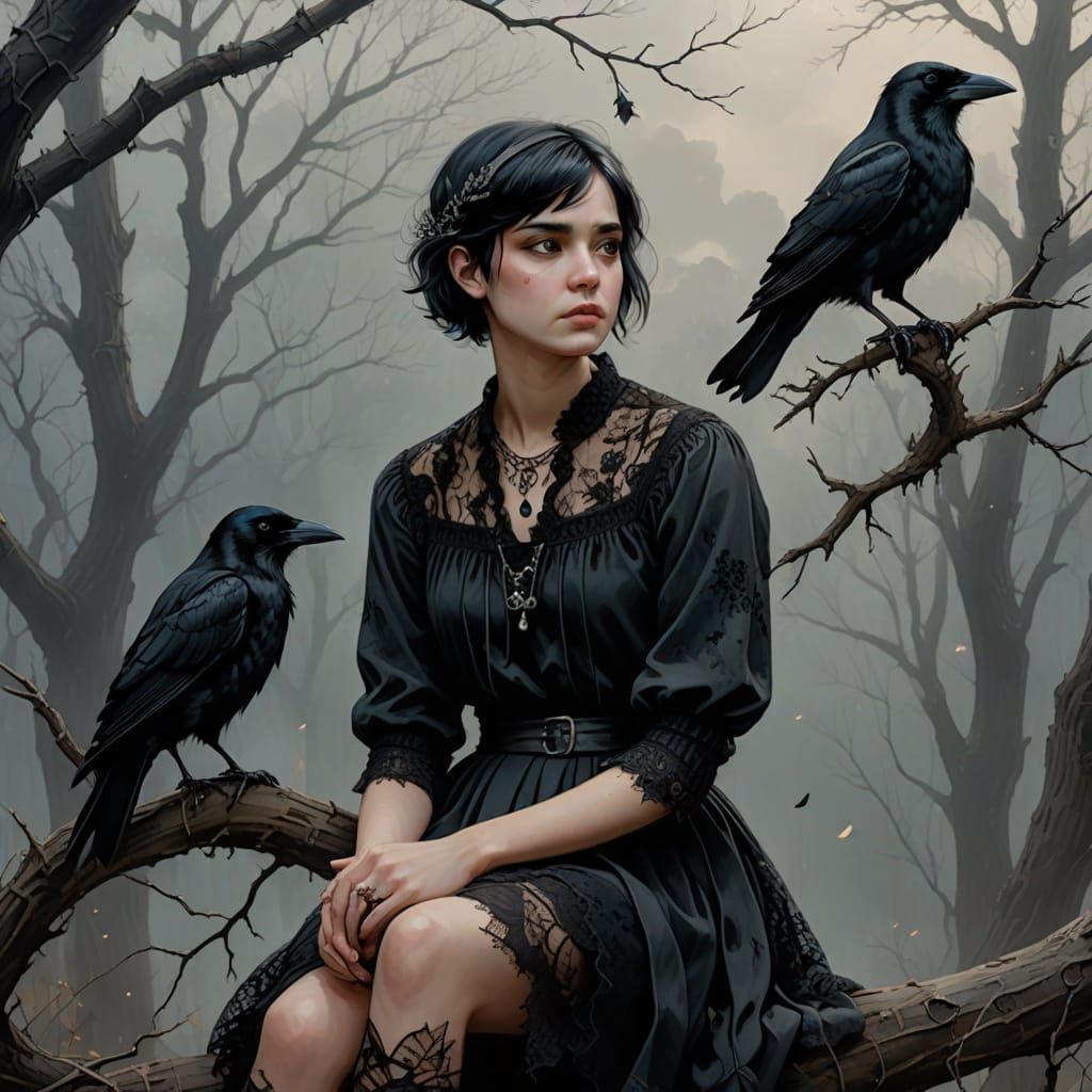 Young Witch Sitting with Crow on Branch