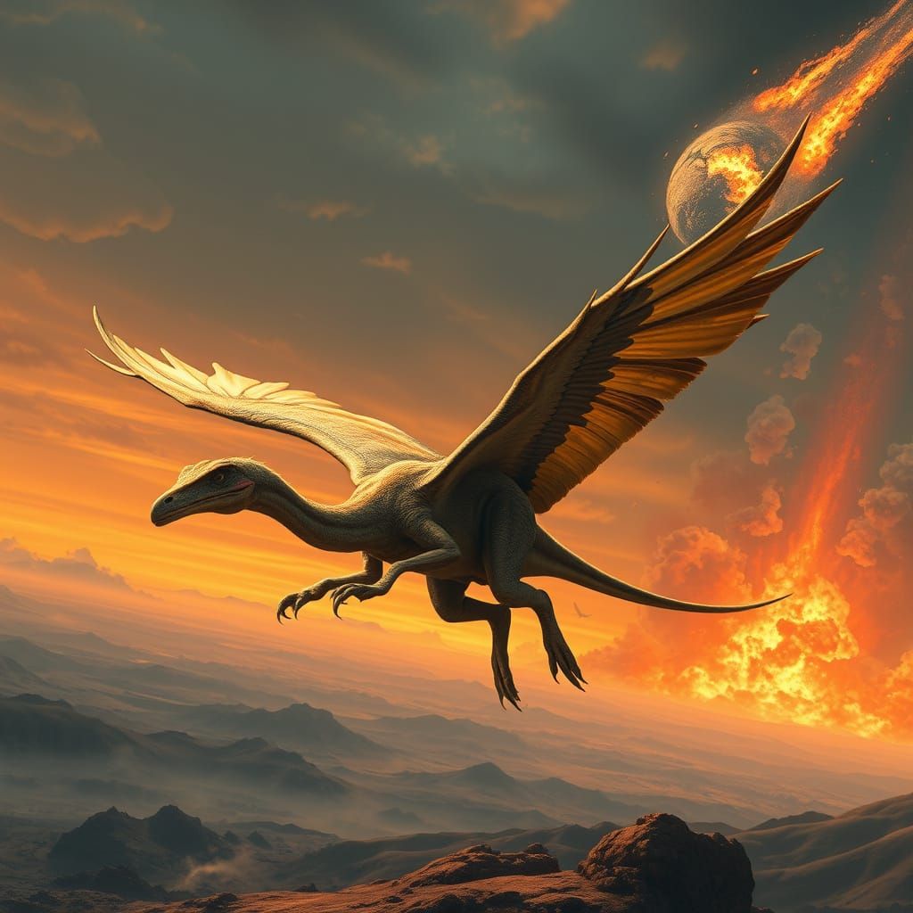 Archaeopteryx Takes Flight in Apocalyptic Sky