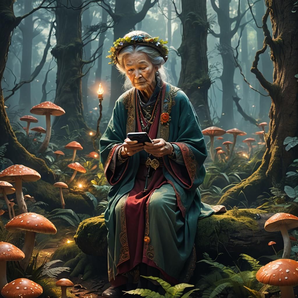 Old Woman Using Cellphone in Mystical Forest
