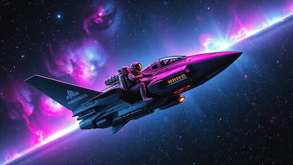 Cosmic Spacecraft in Starry Outer Space with Neon Auroras