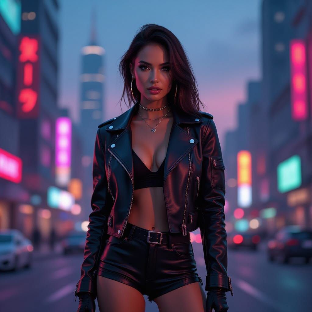 Cyberpunk Woman Posing in Neon Cityscape