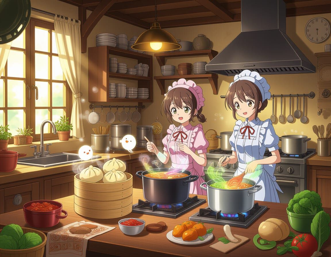 Whimsical Anime Kitchen with Glowing Enchanted Food