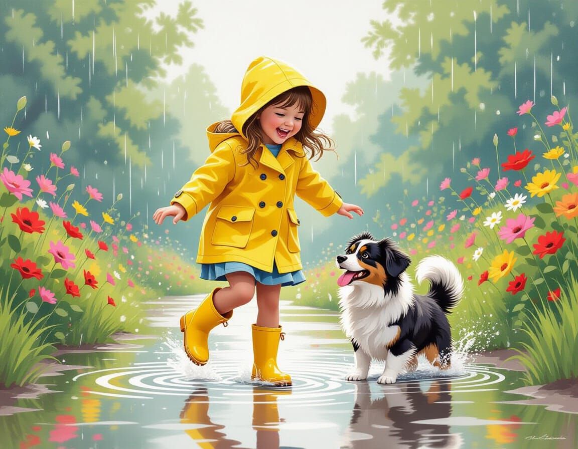 Girl and Dog Jump in Rainy Puddle: Whimsical Illustration