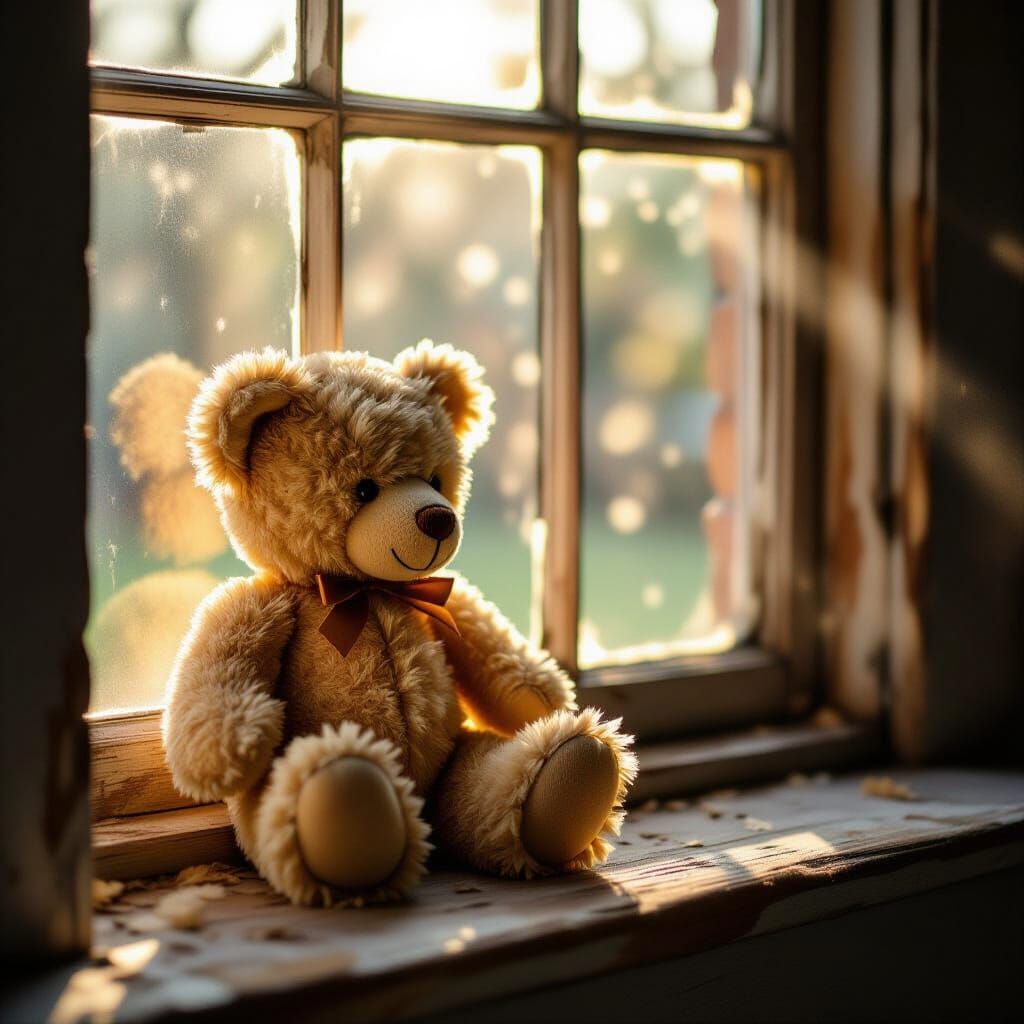 Antique Teddy Bear on Dusty Sill in Warm Sunlight