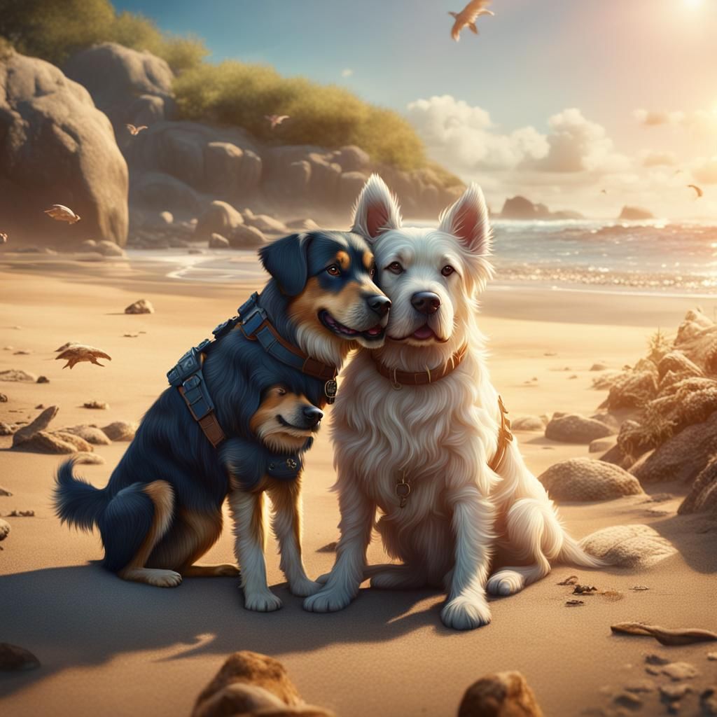 Two Cute Dogs Hugging on a Sunny Beach
