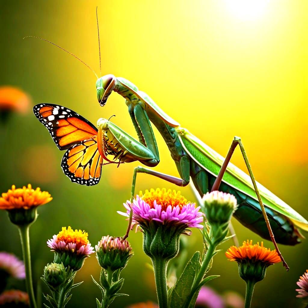 Praying Mantis Stalking Butterfly in Hyperrealistic Detail