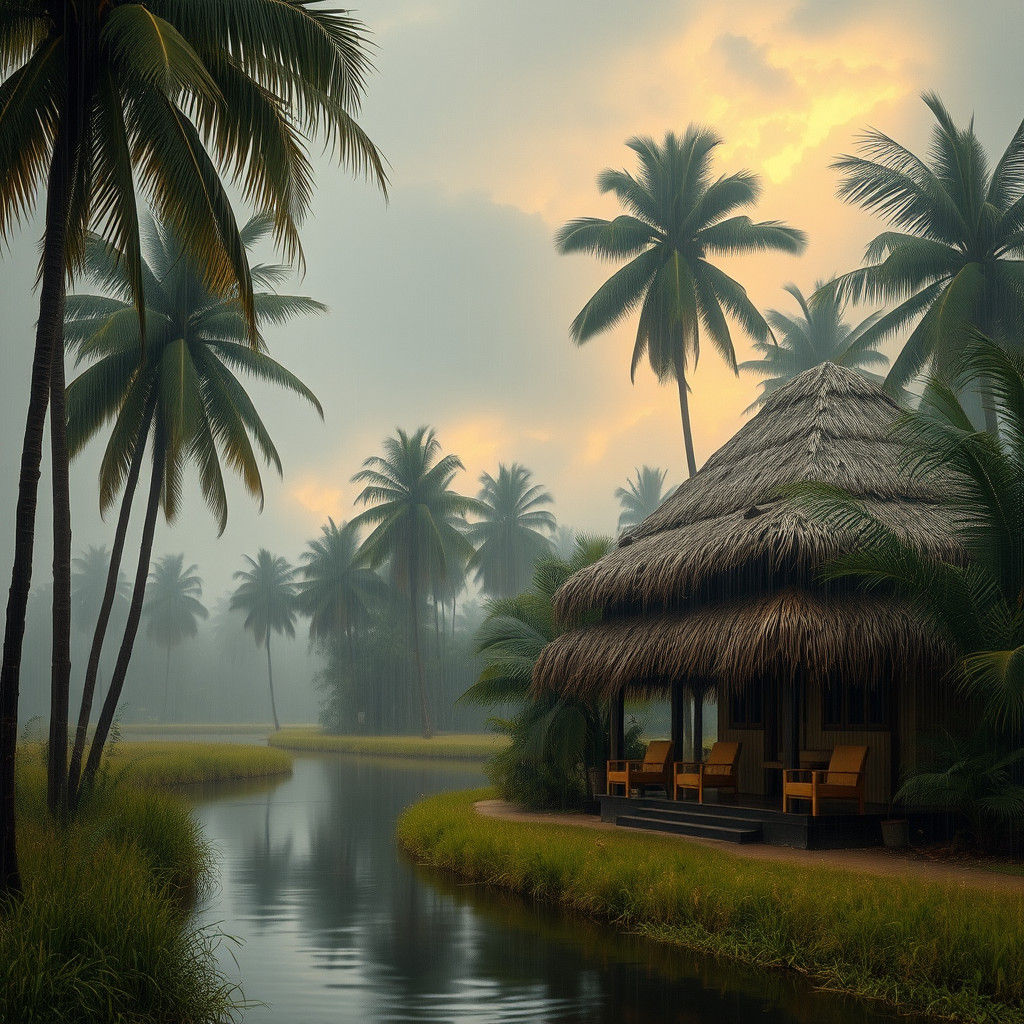 Rainy Reed Hut in Dreamy Expressionist Landscape