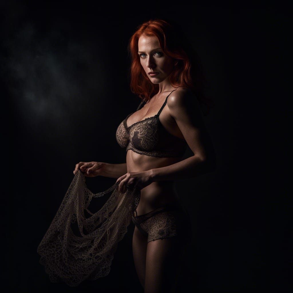 Redhead Model in Lingerie Posing in Studio