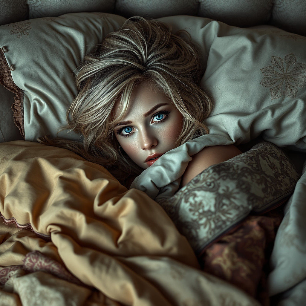 Blonde Woman with Blue Eyes in Dreamlike Setting