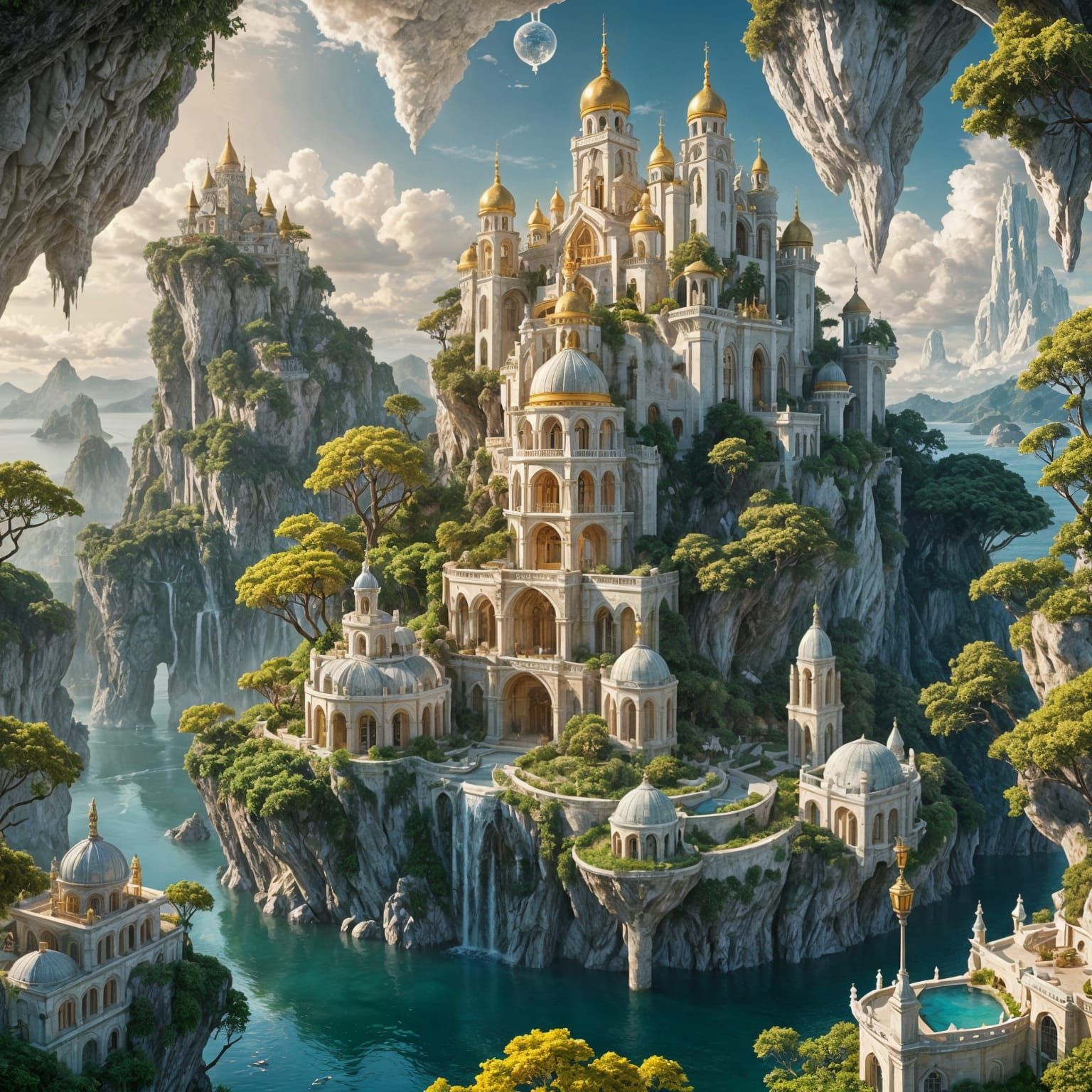 Floating Ancient City with Crystal and Gold Details
