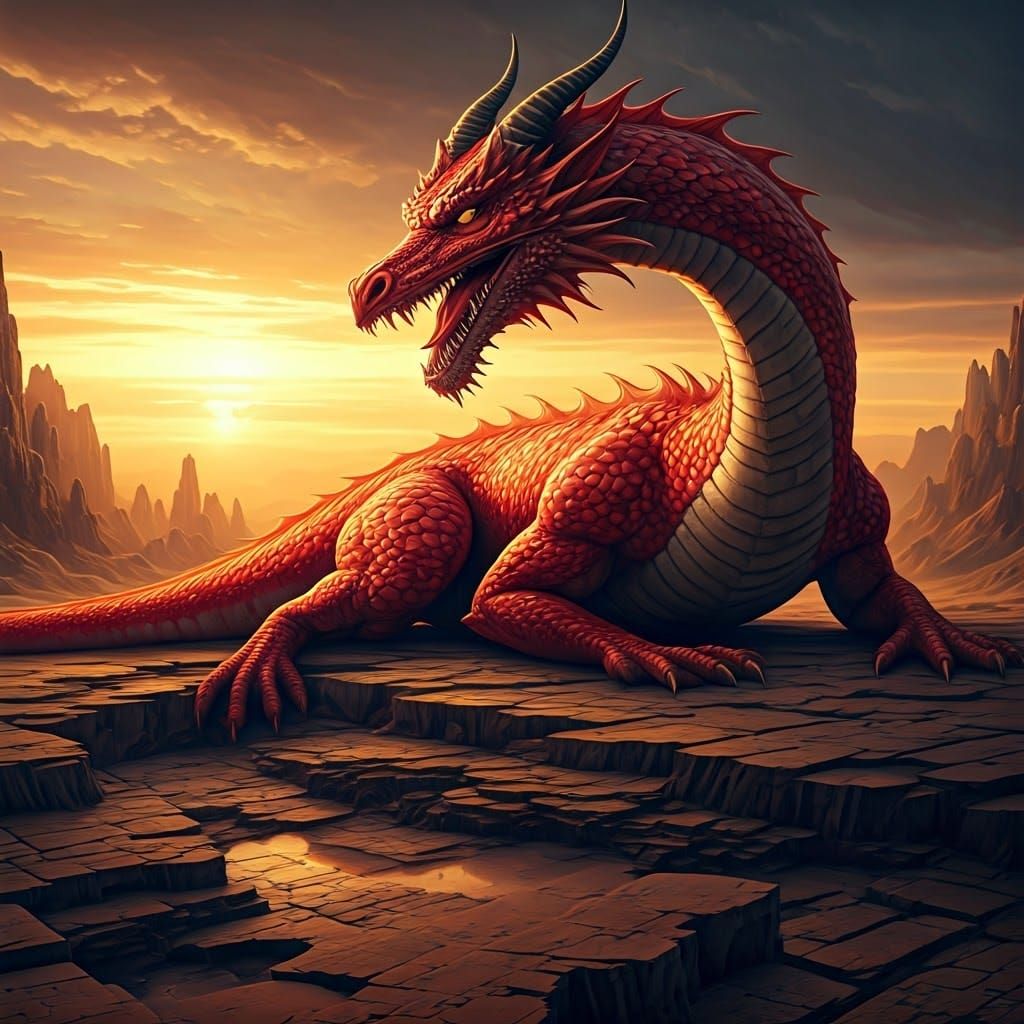 Majestic Red Dragon in Baroque-Inspired Japanese Paradise