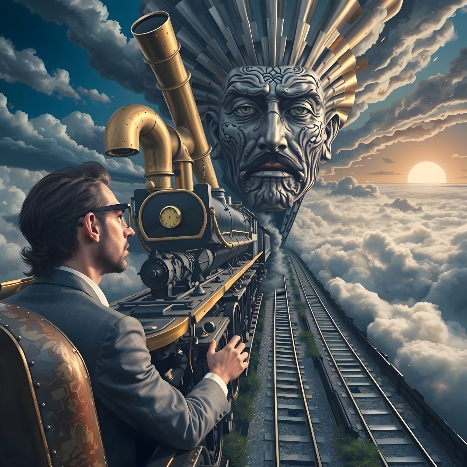 Surreal Train Chugs Through Dreamlike Sky