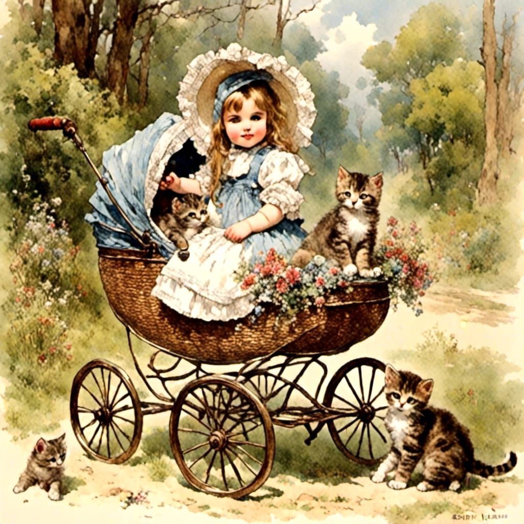 Victorian Kitten in Park with Baby Carriage