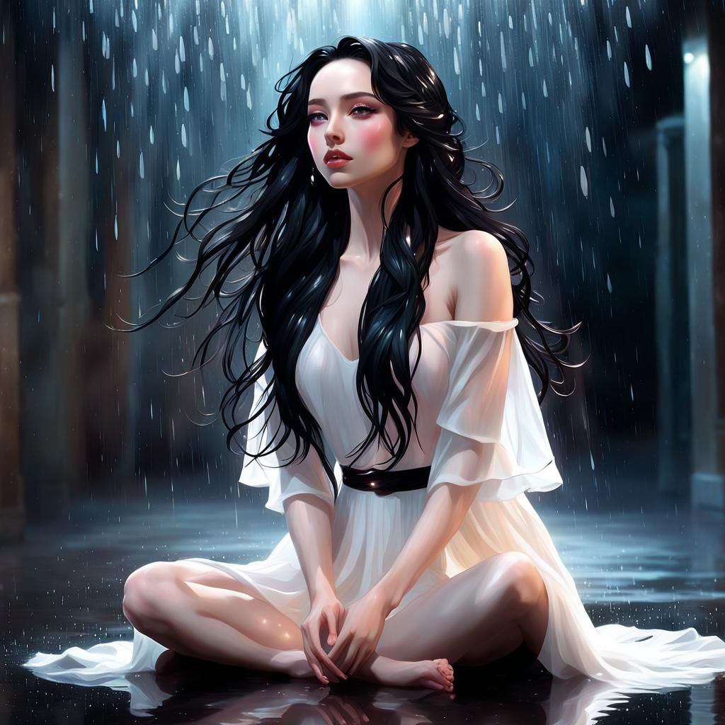 Ethereal Black-Haired Girl in Rainy Anime Art