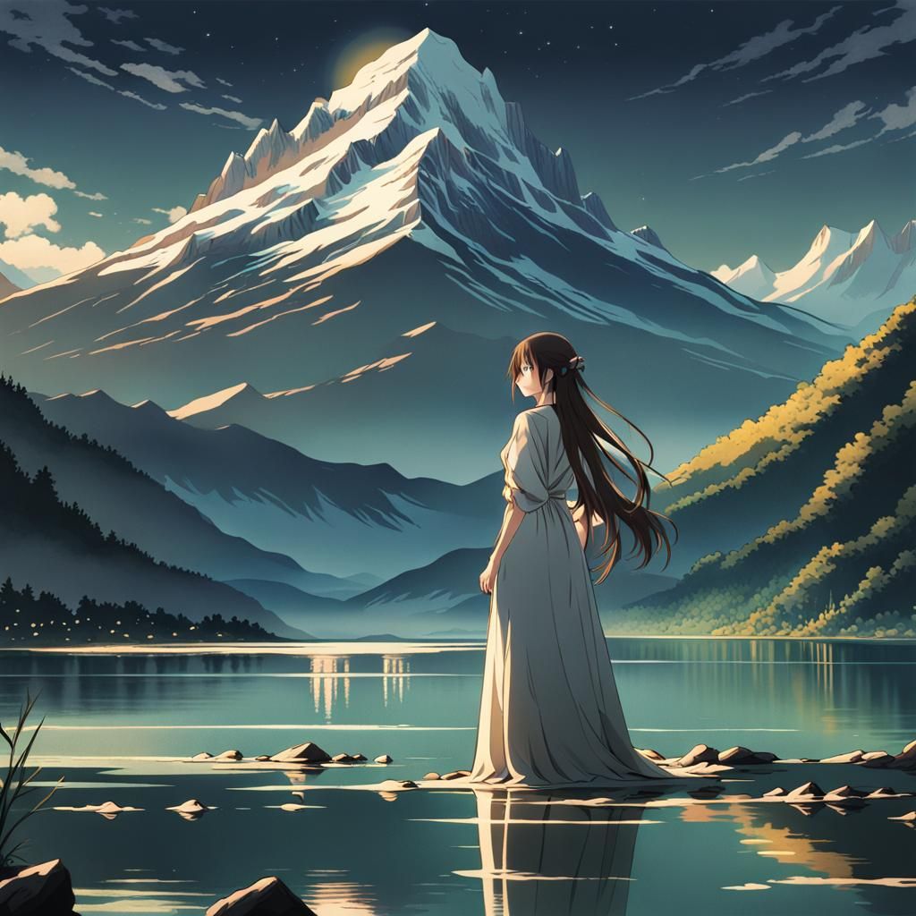 Anime Girl by Lake with Painted Mountains