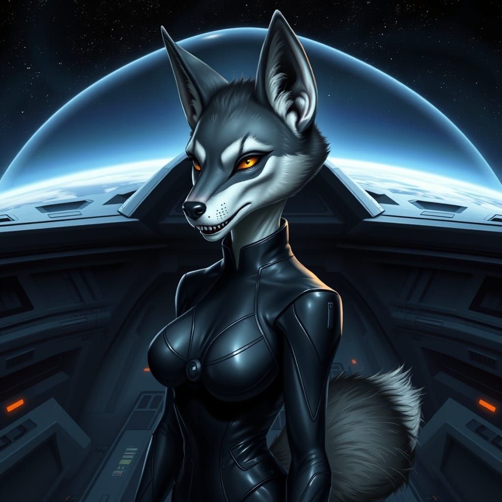 Sleek Space Wolf Goddess Stands on Futuristic Space Station