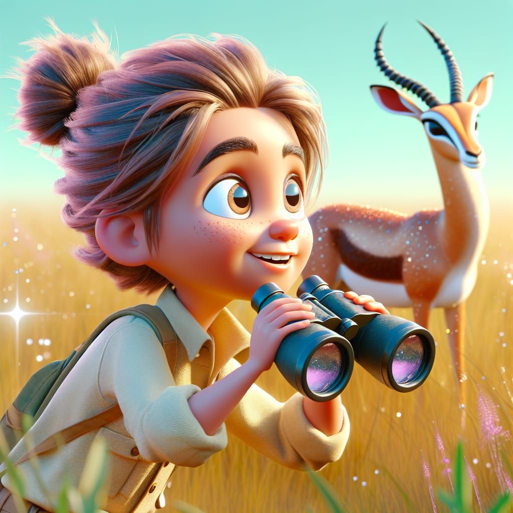 Disney Pixar style 3D adorable little girl, hair in a messy bun, wearing clothes for exploring, holding binoculars watch...