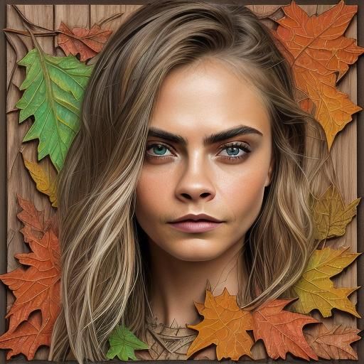 Wooden Cara Delevingne Portrait in Autumnal Paper Art