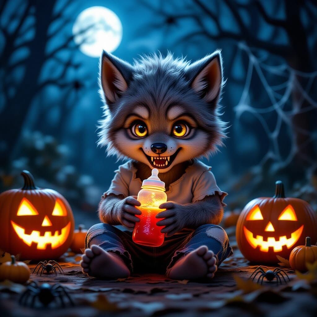 Adorable Baby Werewolf with Glowing Eyes and Jack-o'-Lantern...