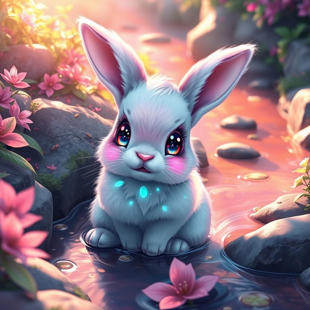 Pastel Bunny with Iridescent Fur in Dreamlike Anime Art