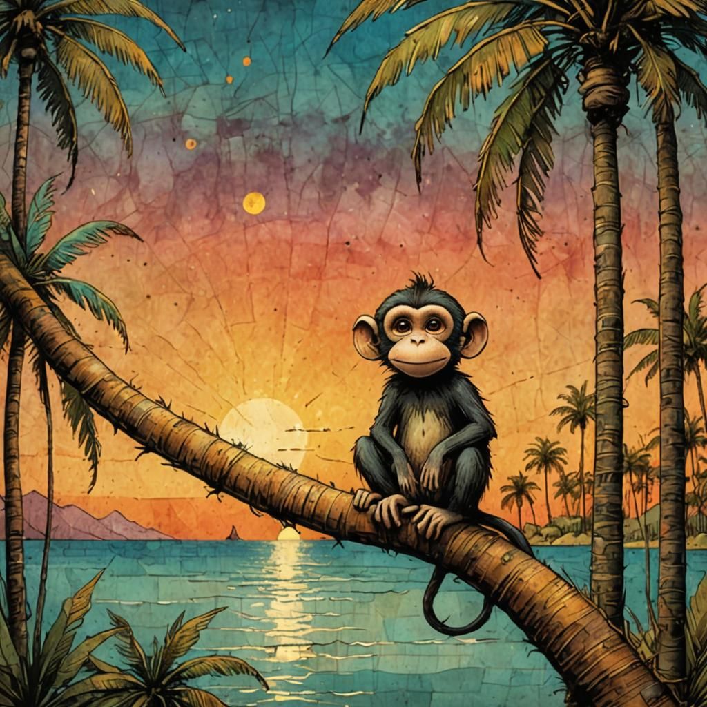 Whimsical Monkey on Palm Tree: Vintage Illustration