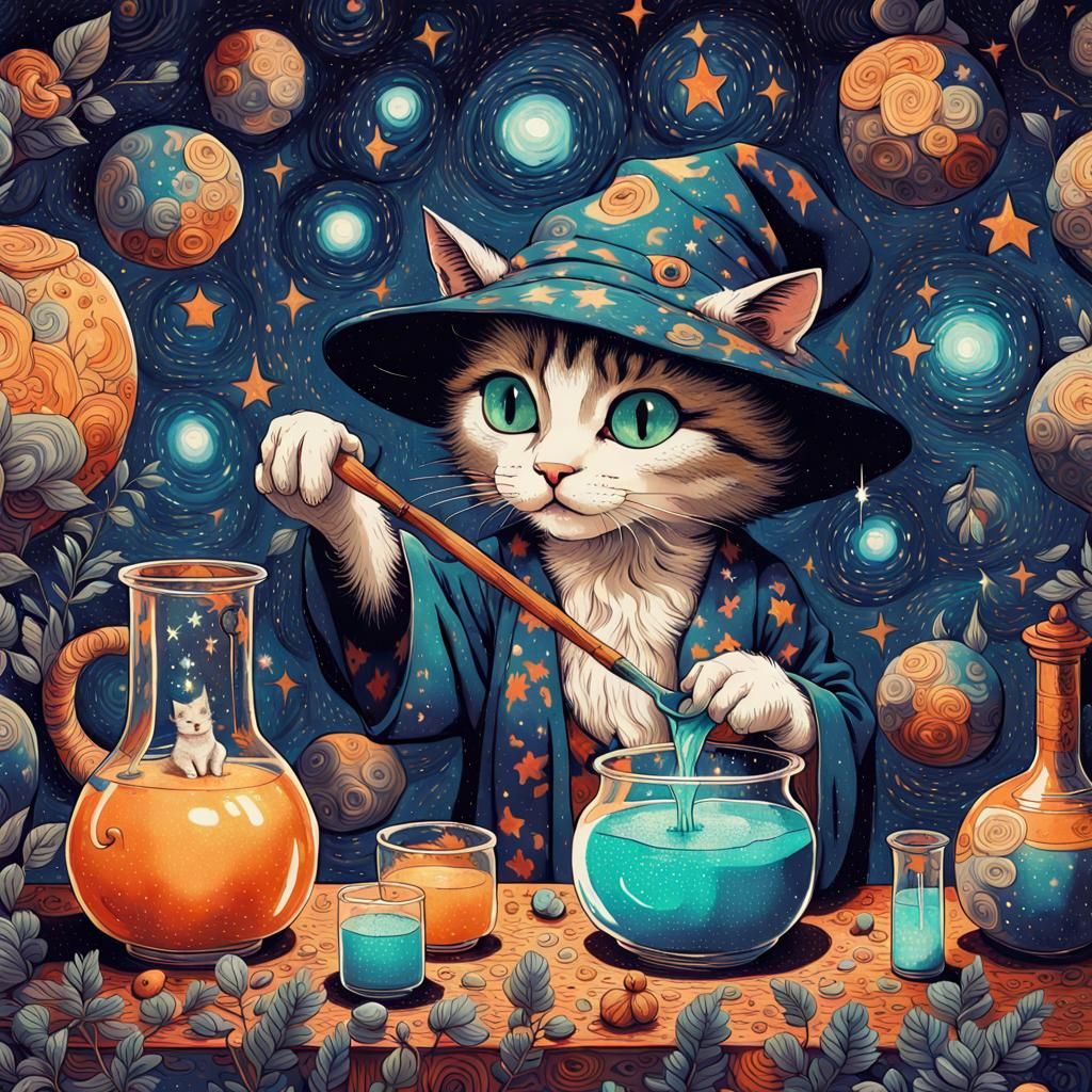 Cat Witch Brewing Potions in Hypermaximalist Style