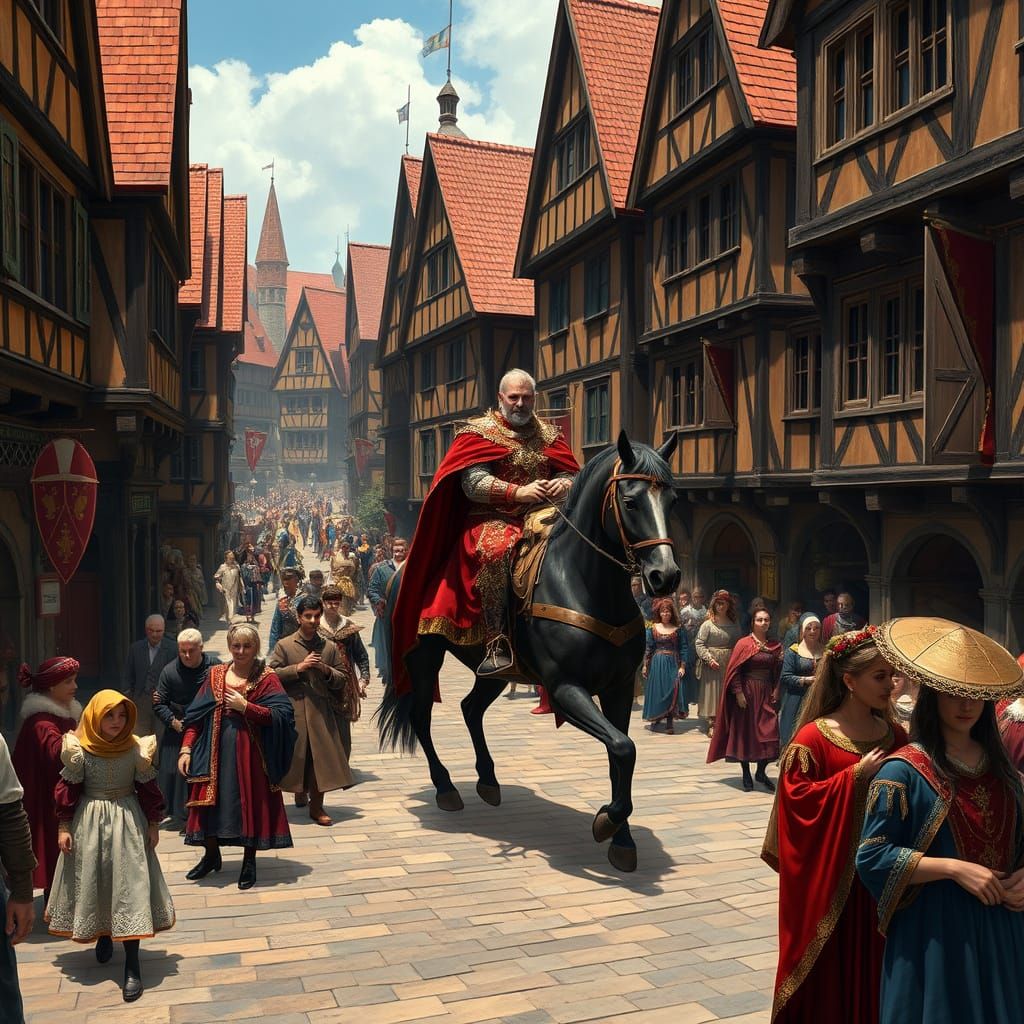 Medieval Noble Lord Rides Through Bustling Town Square
