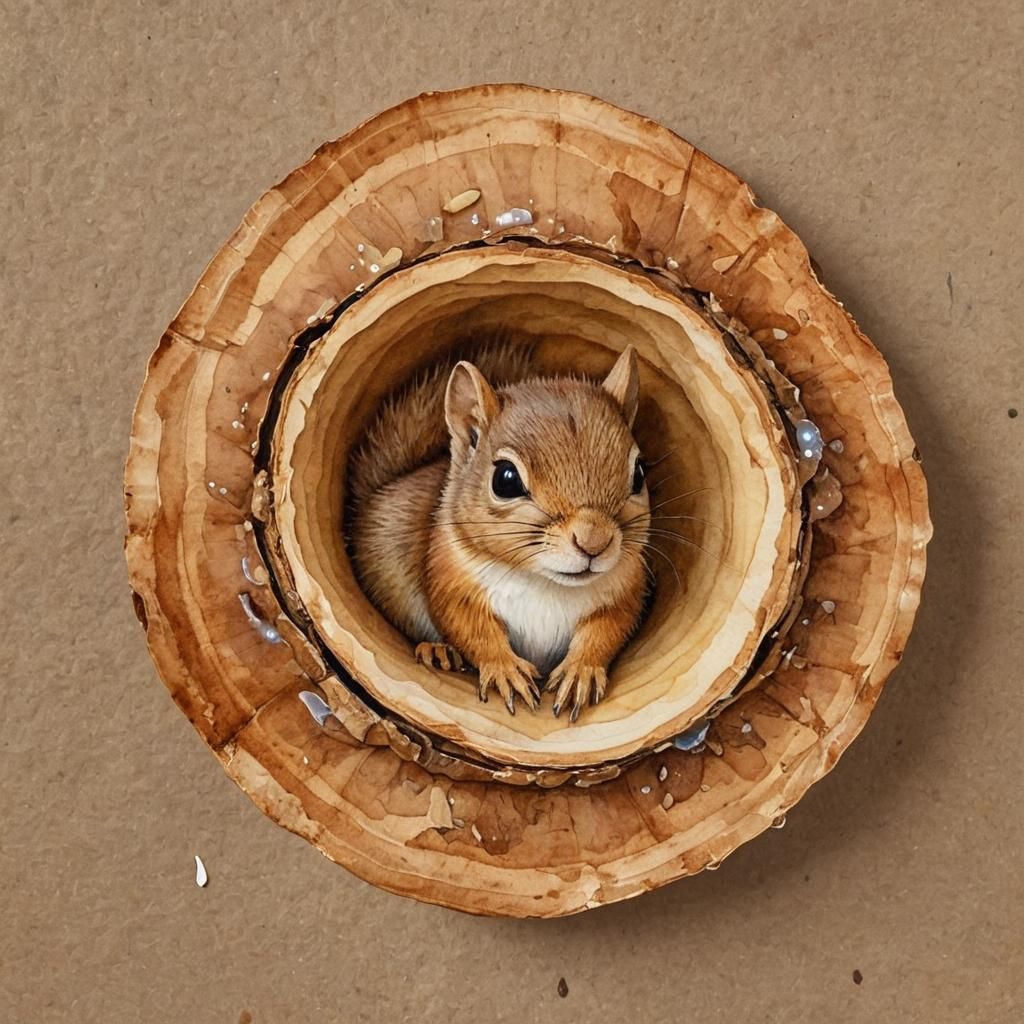 Baby Squirrel in Walnut Shell, Watercolor Splash Art