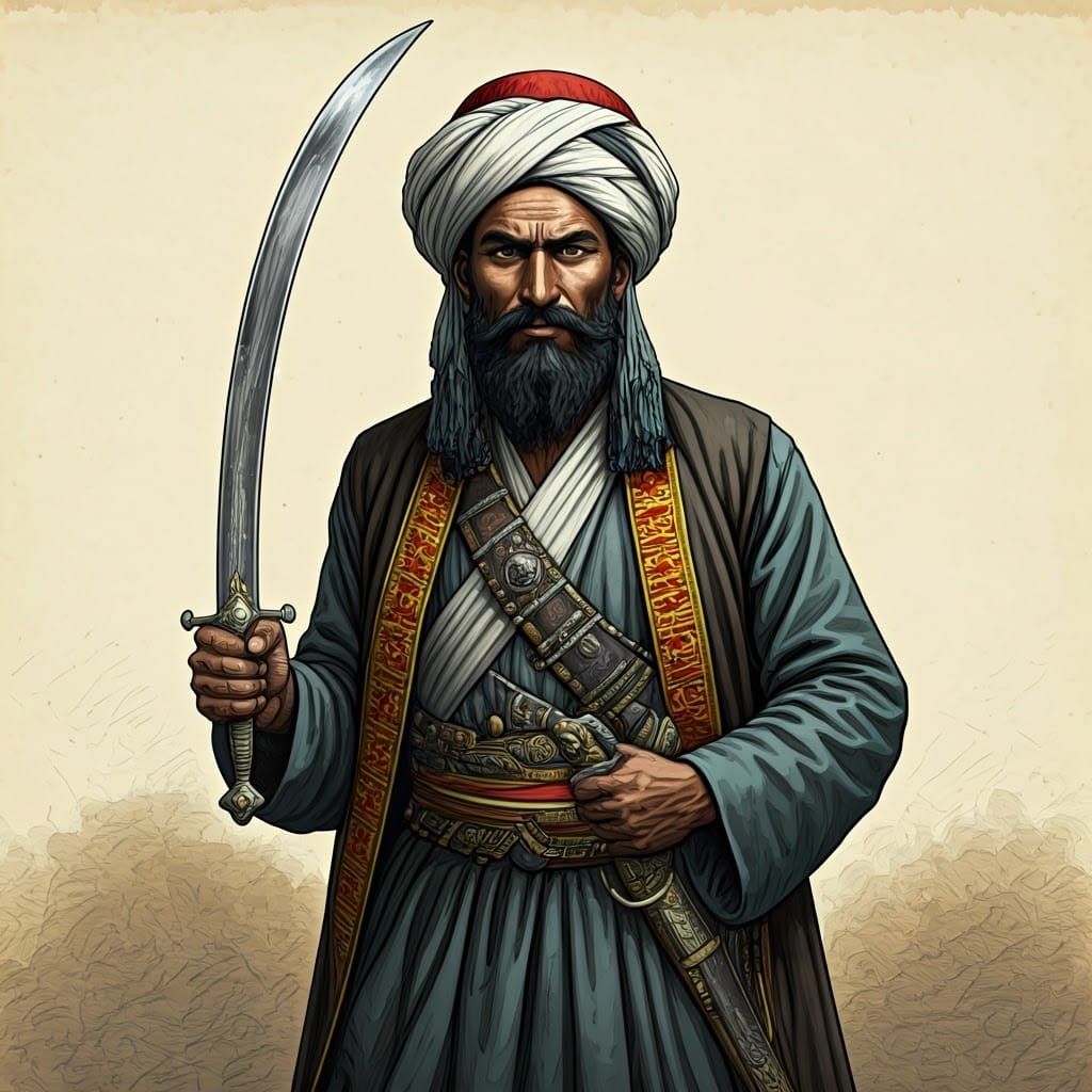 Afghan Tribesmen in Traditional Attire with Shamshir Sword a...