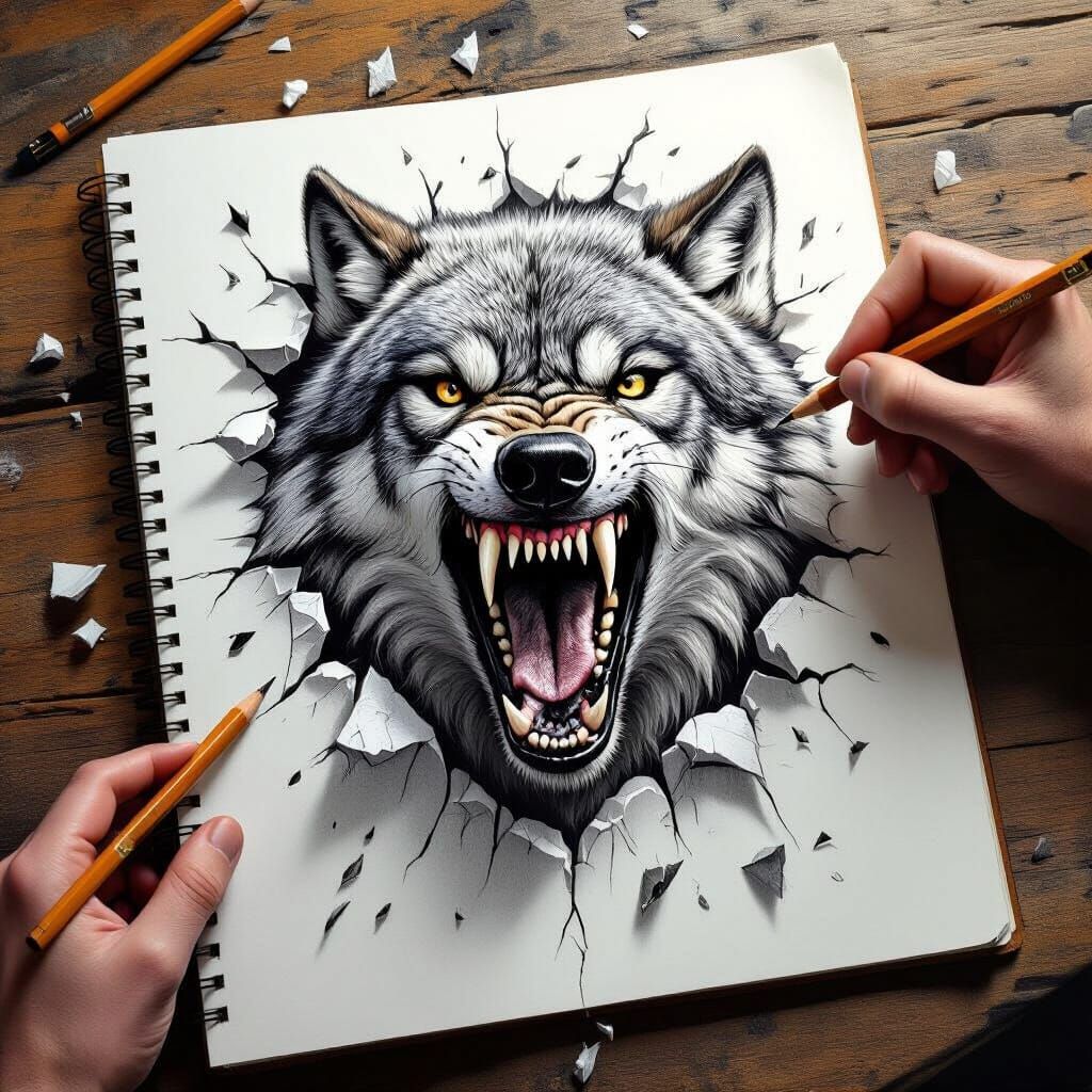 Hyper-Realistic Wolf Sketch Leaping From Book
