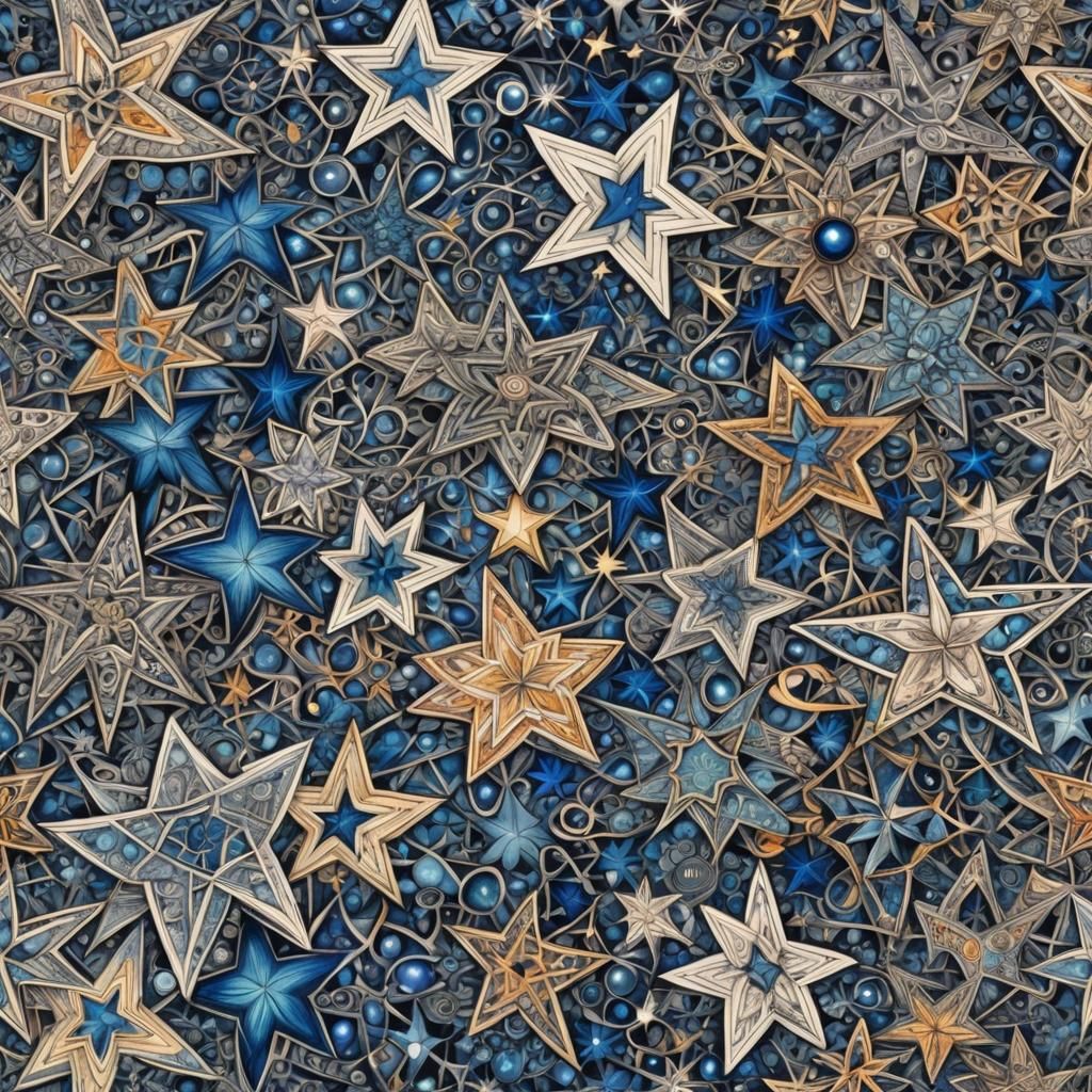 Opalescent Cosmic Zentangle Stars with Diamonds