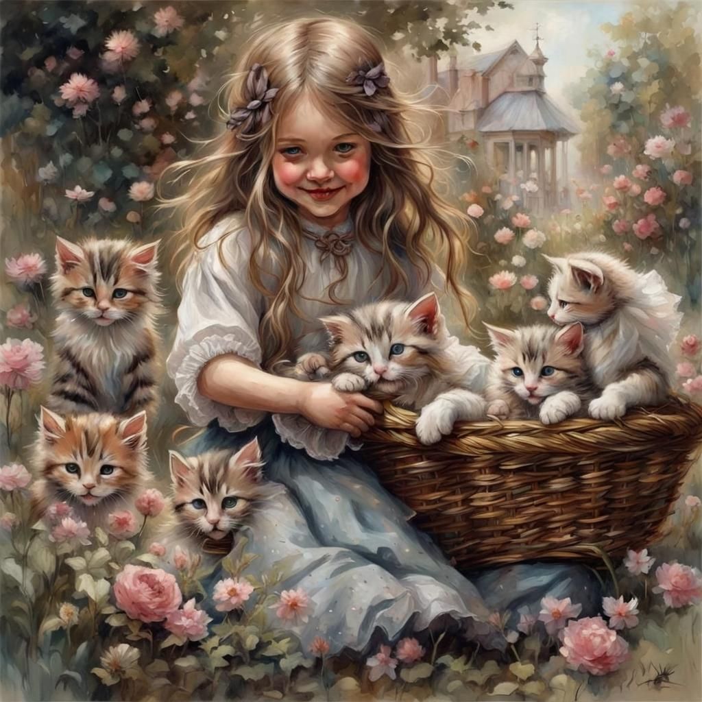 Child with Kittens in Victorian Park