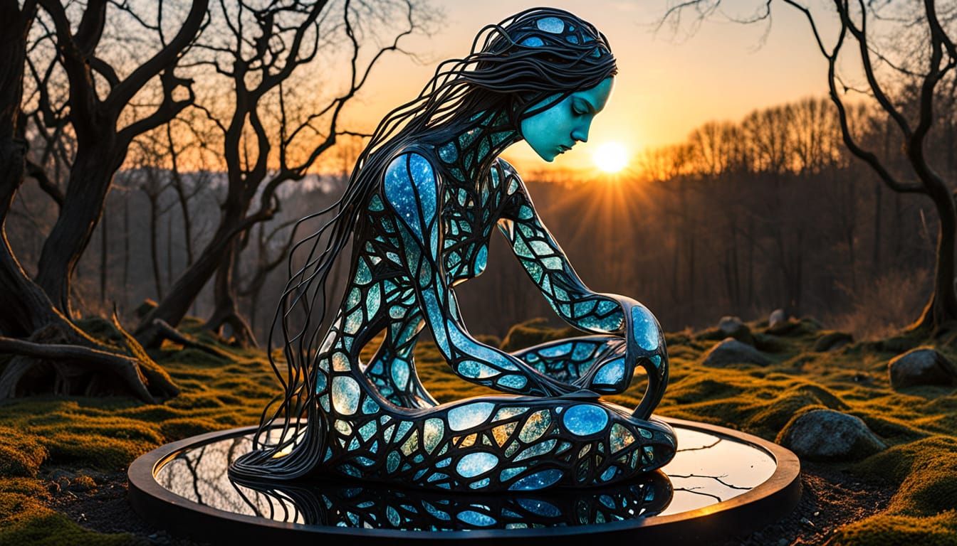 Ethereal Goddess of Resilience in a Surreal Sunset Landscape