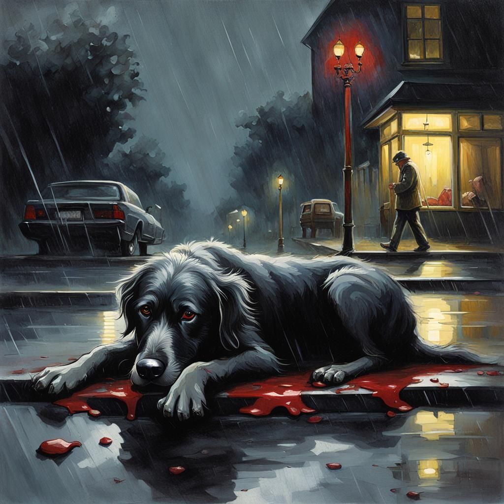 Sad Wounded Dog in Dark Rainy Night