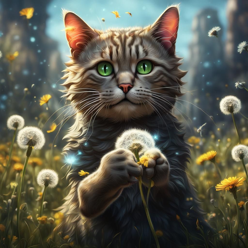 Cat Blowing Dandelion: Detailed Matte Painting