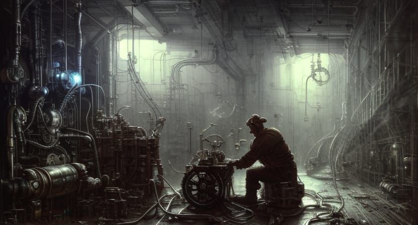 Steampunk Cybernetic Worker Repairs Power Generator