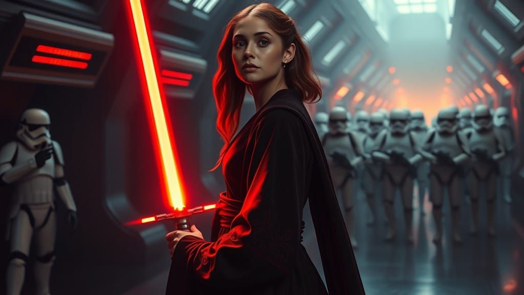 A stunning 24-year-old woman with long, fiery red hair stands confidently in complete darkness, illuminated only by the ...