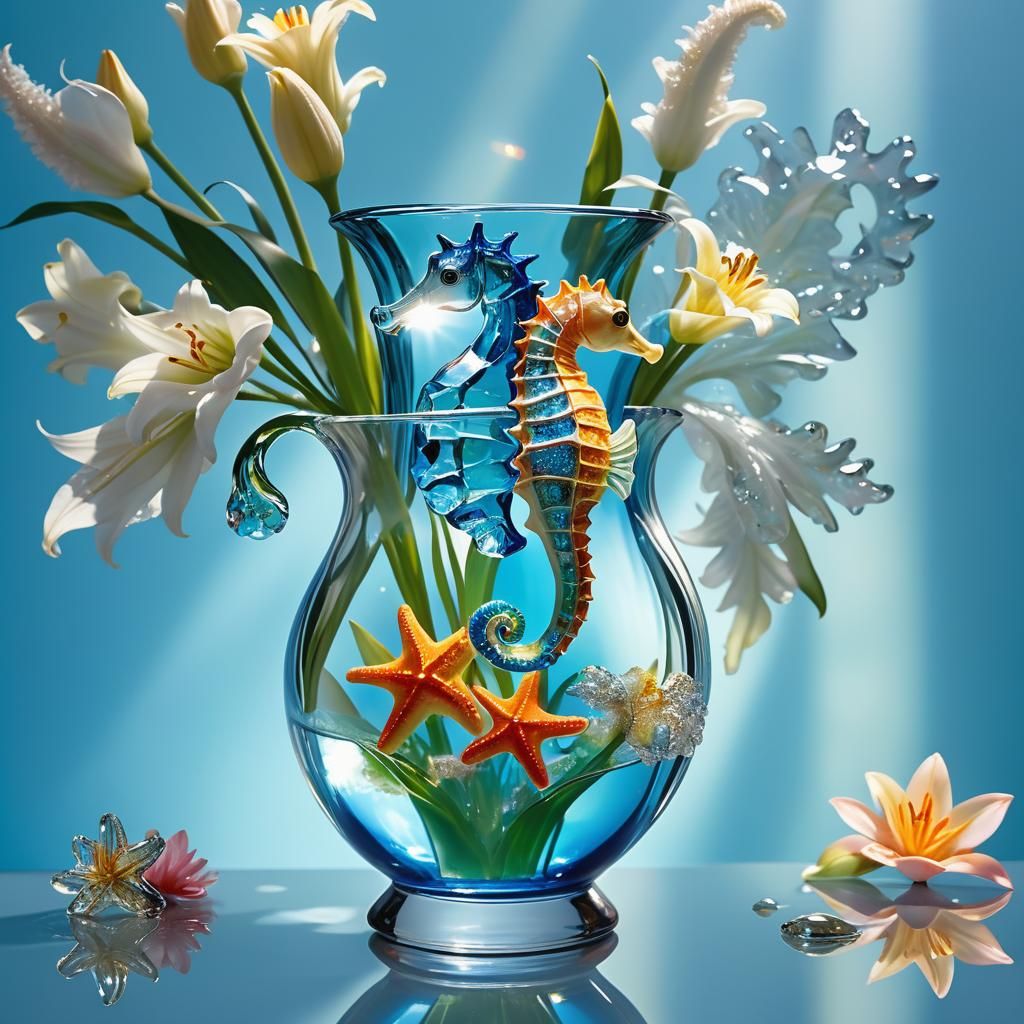 Seahorse and Starfish in a Shimmering Vase