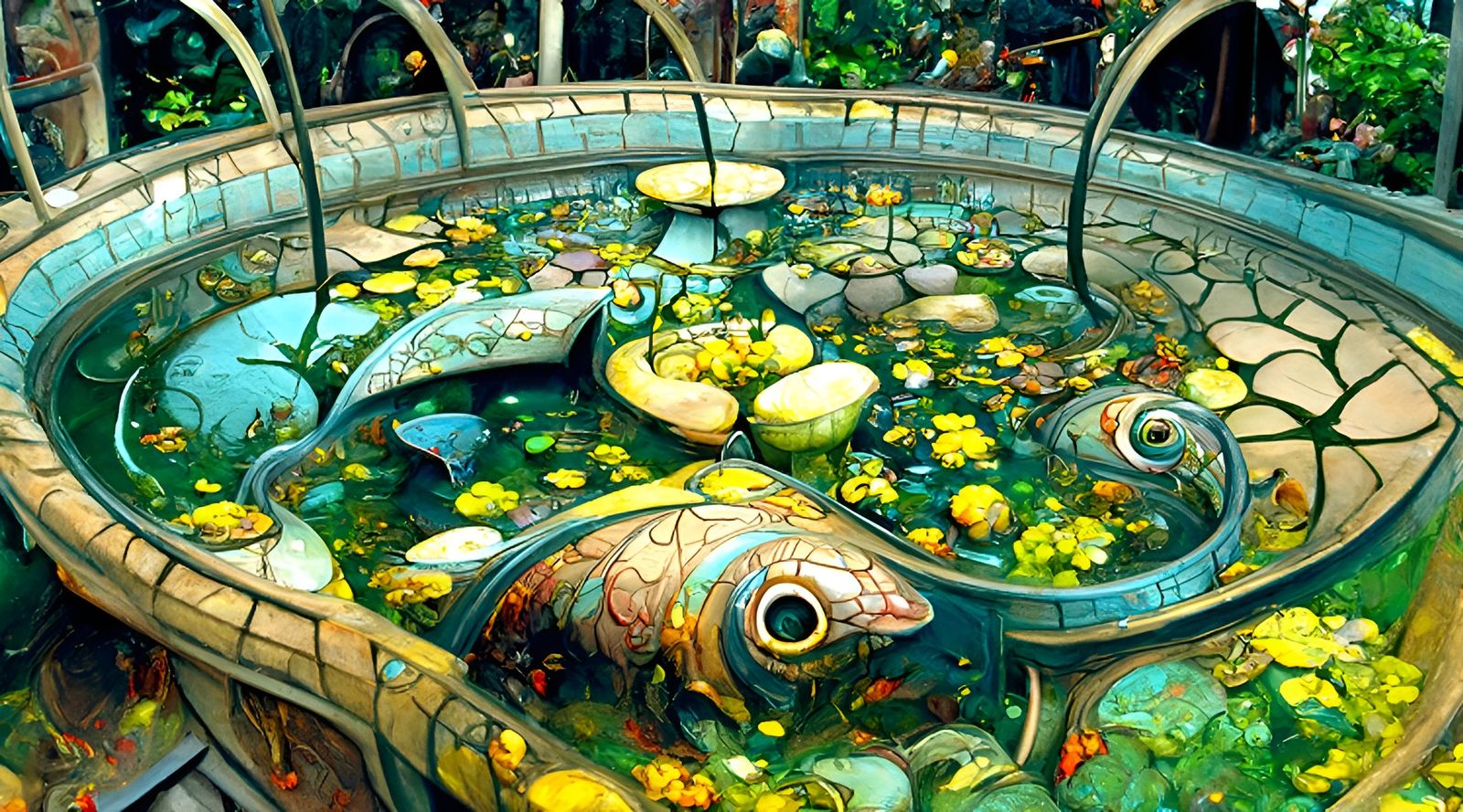 Surreal Art Nouveau Fish Pond with Beautiful Lighting