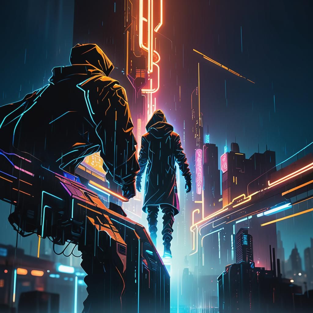 Neon Hooded Figure in Dystopian Cyberpunk Cityscape