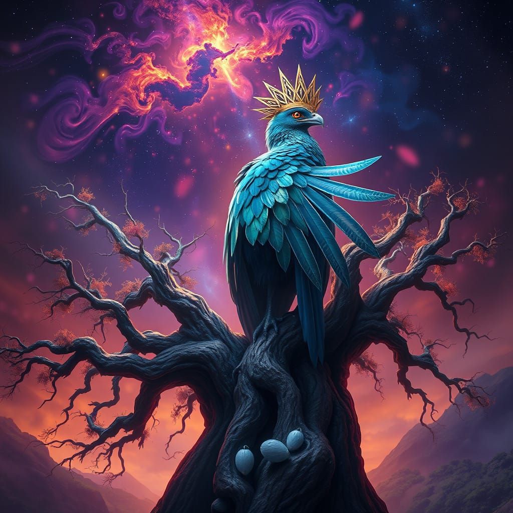 Regal Avian Monarch in Iridescent Plumage, Majestic Fantasy...