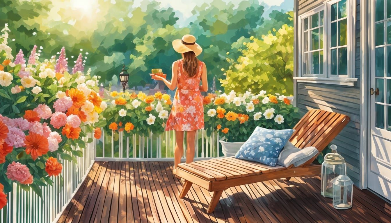 Sunny Suburban Deck with Summer Flowers