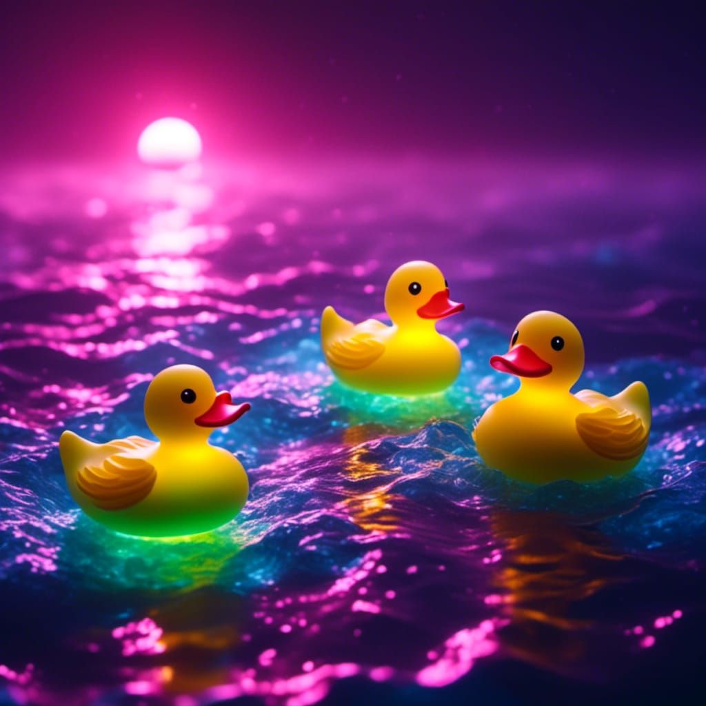 Glowing Rubber Ducks in Bioluminescent Ocean