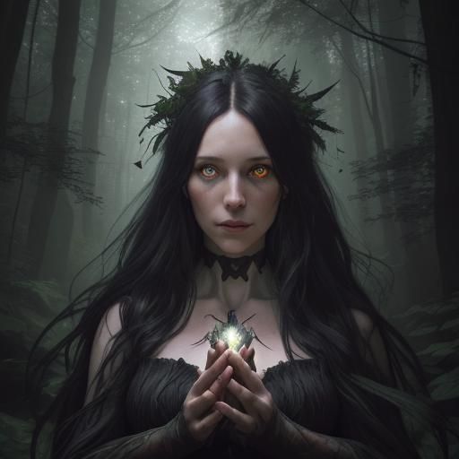 Forest Witch Portrait with Ravens, Digital Art